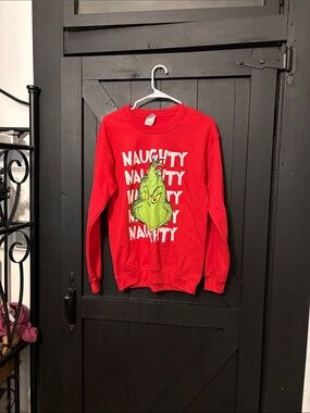 Gildan Red Sweatshirt with Green Grinch Face and White Text